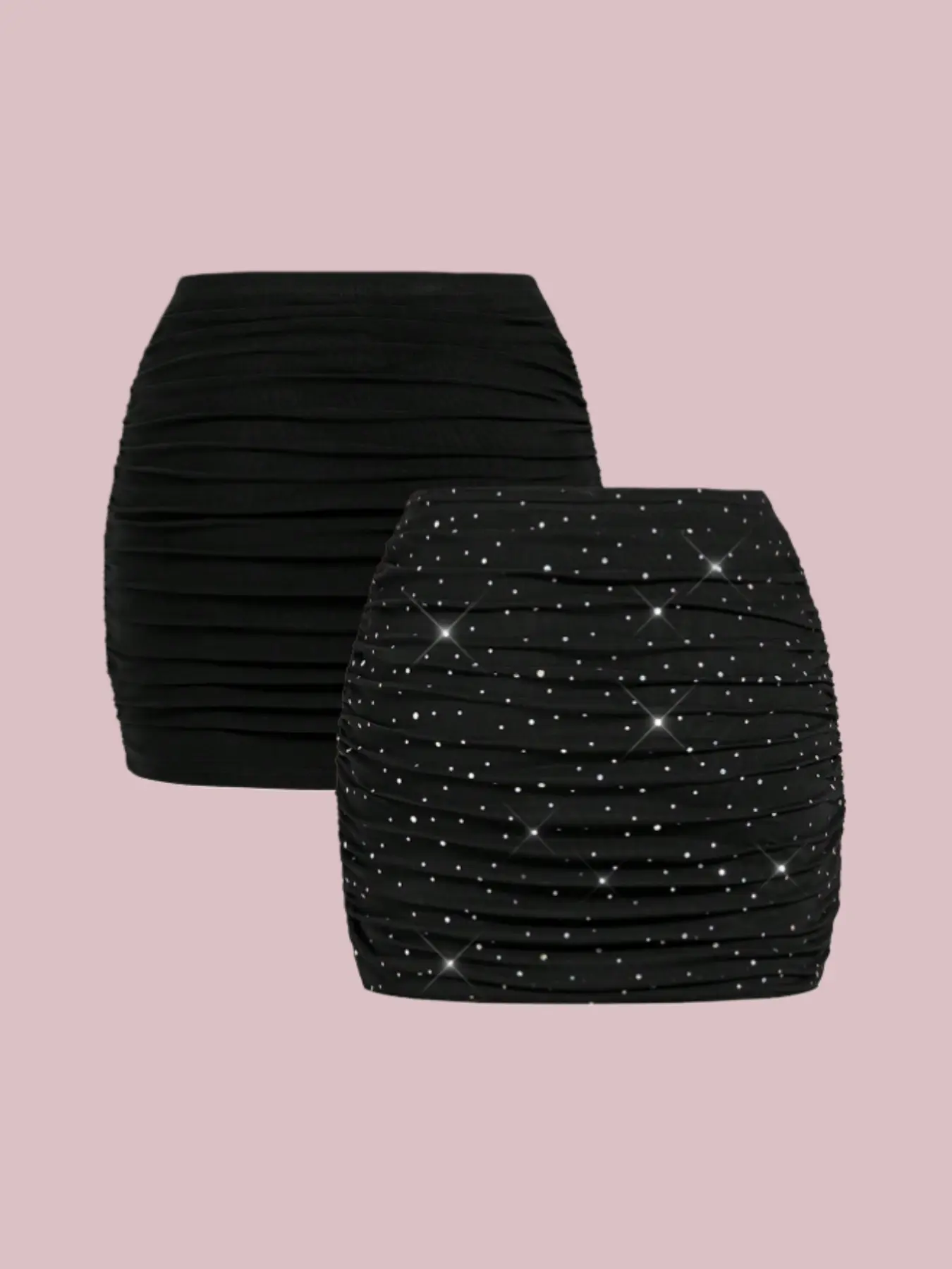 Two-piece women's mini rhinestone skirt set with beaded details; red skirt; curved skirt; pleated skirt; Womenswear; Ruched Skirt Set