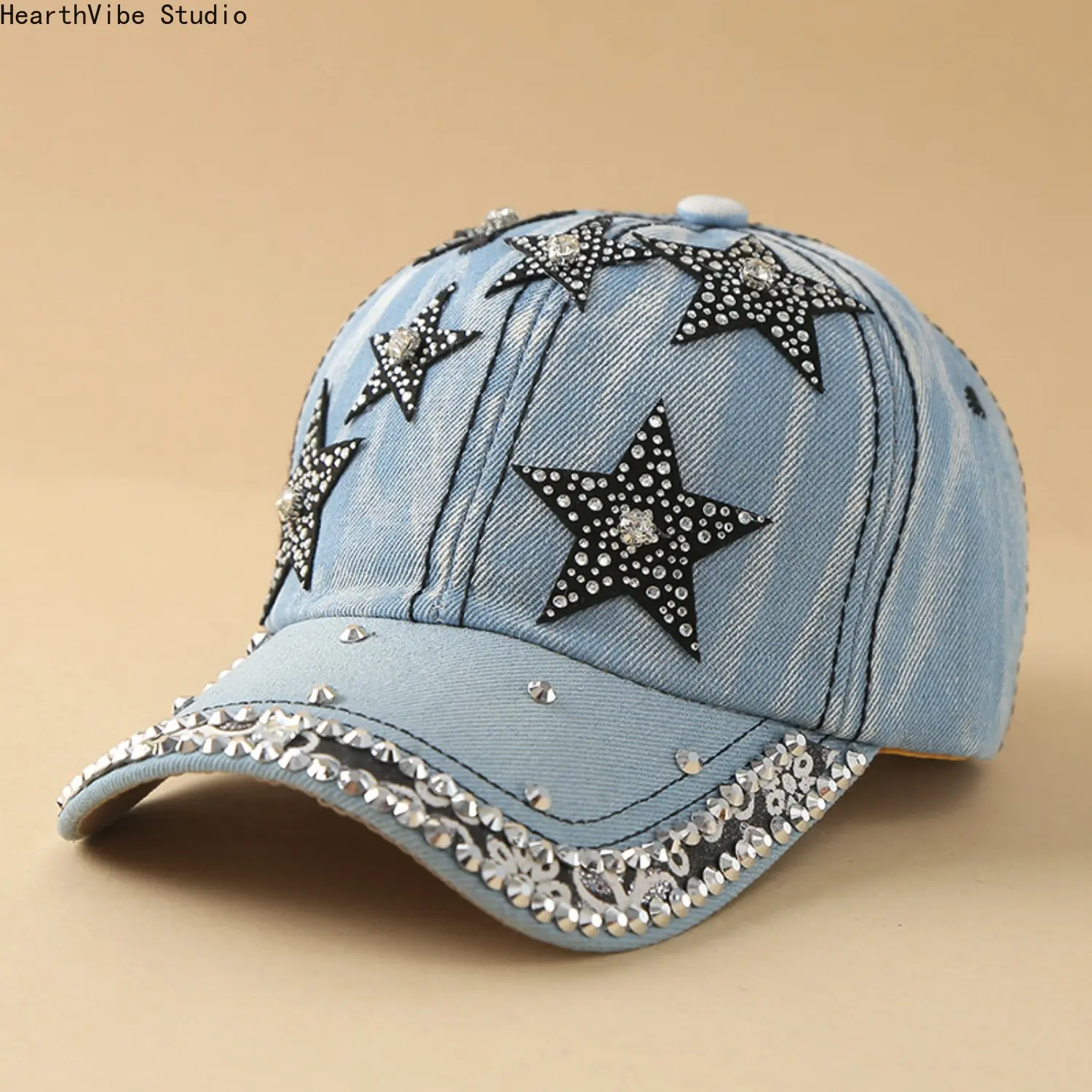 Women's Denim Cotton Sports Hat - Embroidered Snapback Adjustable, Bold Pearl & Rhinestone Accents, Denim Pattern, Unisex One Size Fits All Outdoor Snapback Hats
