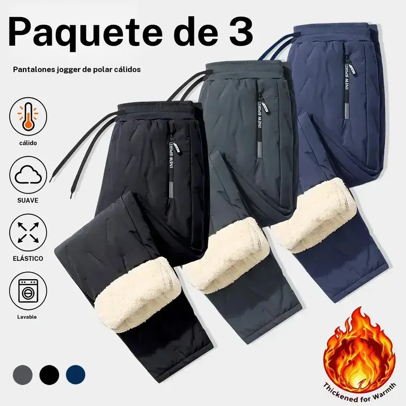 Men’s 3-Pack Long Thermal Quilted Winter Outer Pants, Sherpa Fleece Lined, Polyester Shell, Mid Waist, Elastic Drawstring, Side Zips, Simple Design, Thick Windproof Pockets, Men’s Bottoms for Outdoor Work, Hiking, Black/Grey/Blue Warm Pants