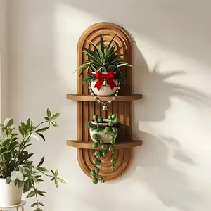 2pcs Dual-Layer Wooden Floating Shelves Wall Organizer Shelf, Bohemian Style Multi-Functional Wall Storage Rack Wall Shelf Unit, Wall Mounted Organizer, Ideal for Bathroom Bedroom Kitchen Living Room Laundry