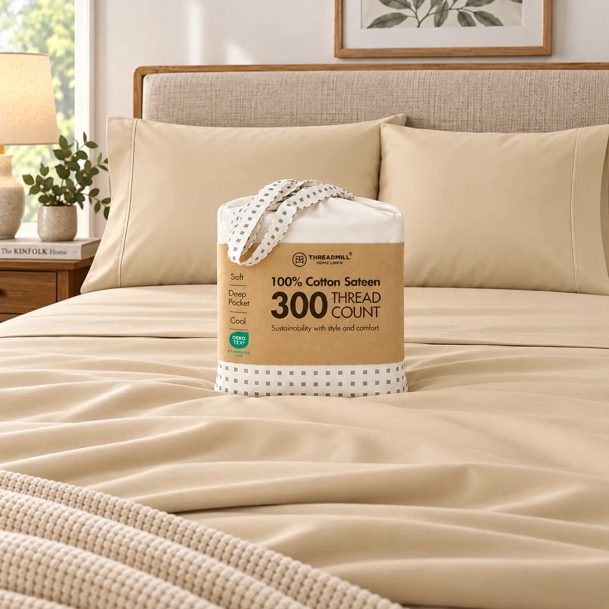 Threadmill Home Linen 300TC 100% Cotton Sateen Plain Bedsheet & Pillowcase Set - Cooling, Lightweight, Comfy, Breathable, Durable, Securefit, OEKO-TEX Certified for Home Bedroom Bedding Sets