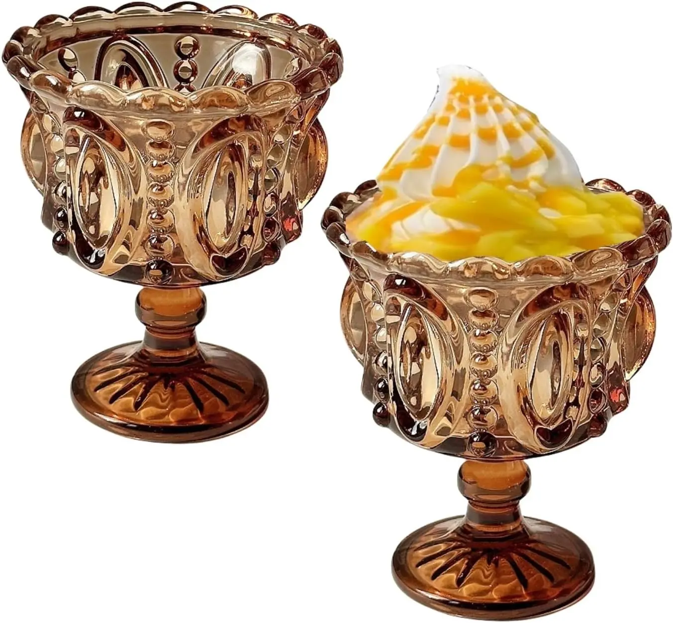 Carnival Glass Vintage Footed Dessert Cups Set of 2, 9oz Embossed Goblet Chalice Glass for Ice Cream Sundae,Sweet Dish, Whiskey,Bar Party Table Decor