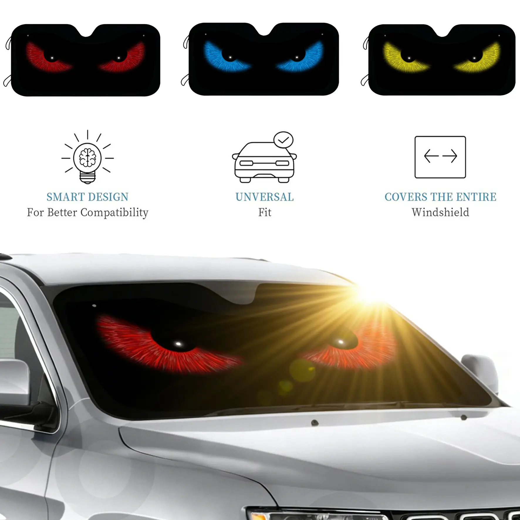 Car Sun Shade Sun Visor for Windshield,Red/blue/yellow Scary Evil Eyes,UV Ray protection,Sunscreen and heat protection to Keep Your Vehicle Cool,The Best Gift for Father's Day