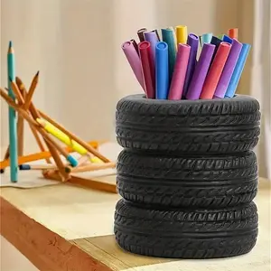Unique Tire-Shaped Office Desk Organizer, Multi-Functional Pen & Makeup Brush Holder, Decorative Office Accessories, Marker Pen Holder