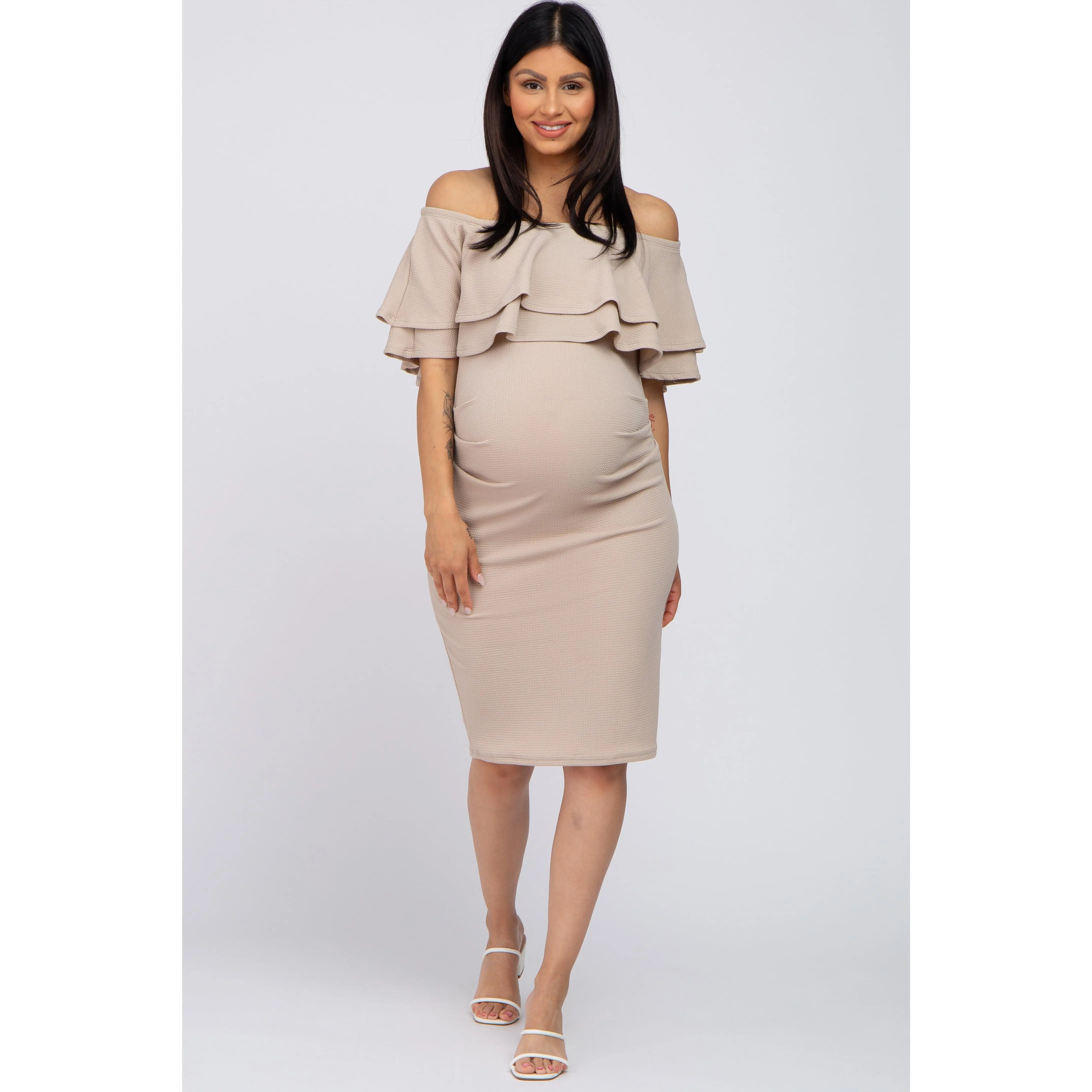 Beige Ruffle Off Shoulder Ruched Maternity Dress - TikTok Shop