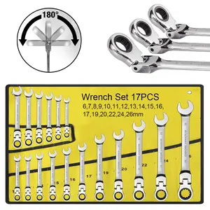 17Pcs Flex Head Ratcheting Wrench Set(6-22MM)- Adjustable, Chrome Vanadium Steel, Manual Operation, No Assembly Required Heavy Duty Tool Hand Tools