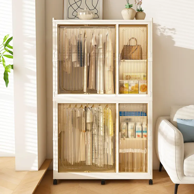 Portable Wardrobe Closet Storage Organizer for Clothes, Large Collapsible Plastic Wardrobe with Wheels, Foldable Clothes Storage Cabinet with 6 Shelves, 2 Hanging Rod and 6 pcs Hangers