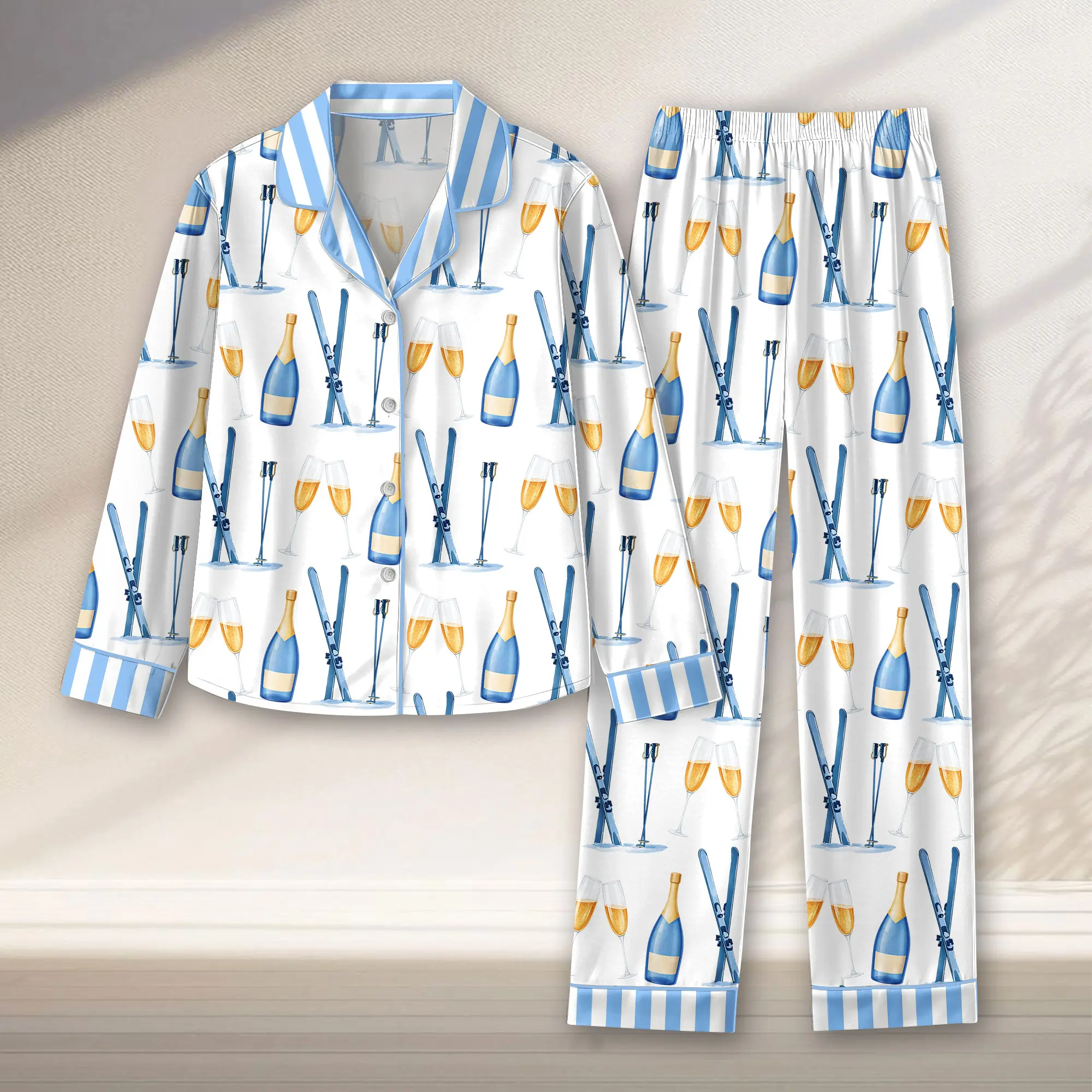 Apres Ski Champagne Pattern Satin Pajama Set For Women Long Lounge Set Sleepwear, Pajamas Set For Women , Champagne And Bows Wedding Pajamas