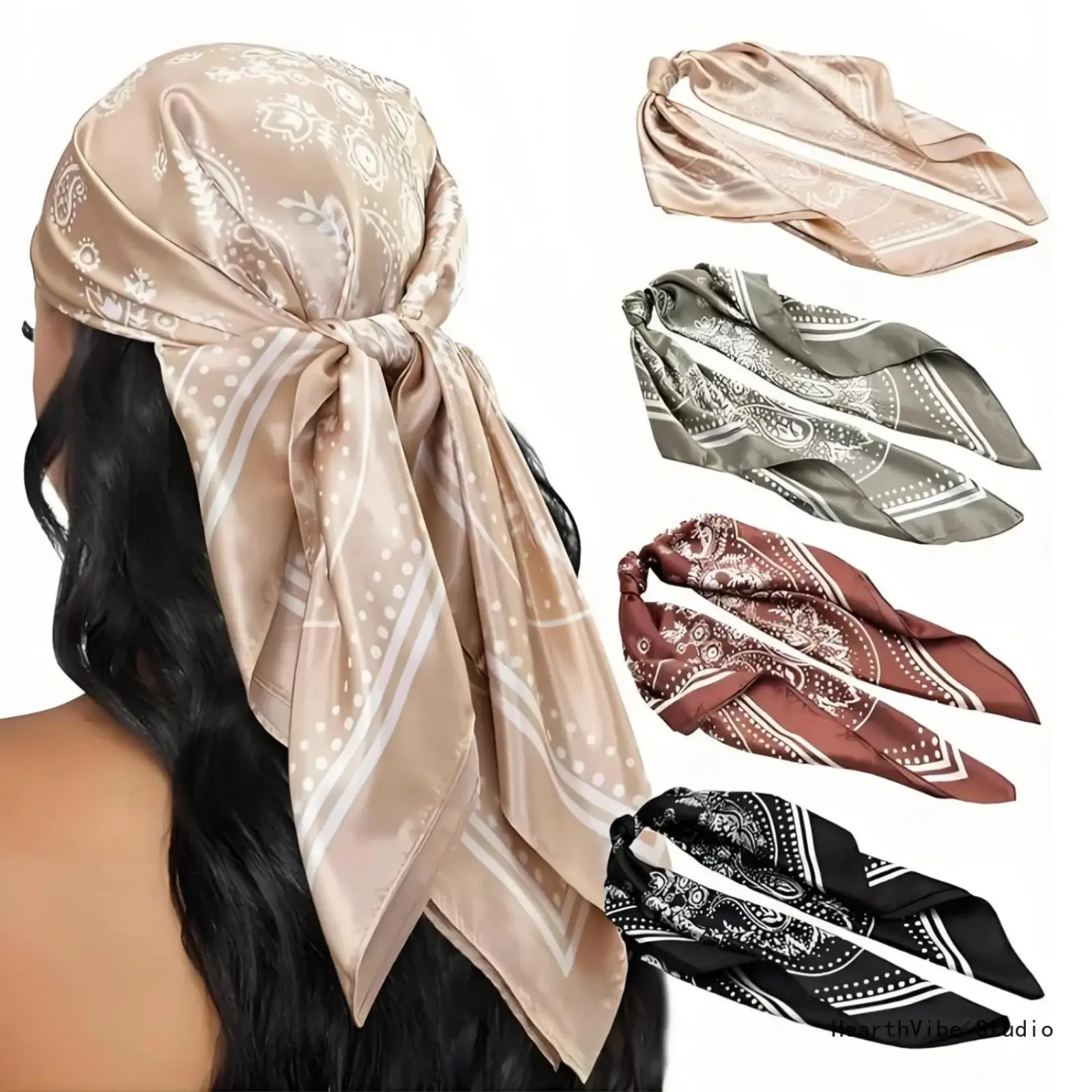 Women's 4PCS 35in Silk-Like Satin Square Shawl Wrap - Scarf Head Wrap, Boho Satin-Lined Turban, Multi-Use Bag Accessory for Sleeping, Outdoor Activities, Silk Wrap,back to school,back to school haul