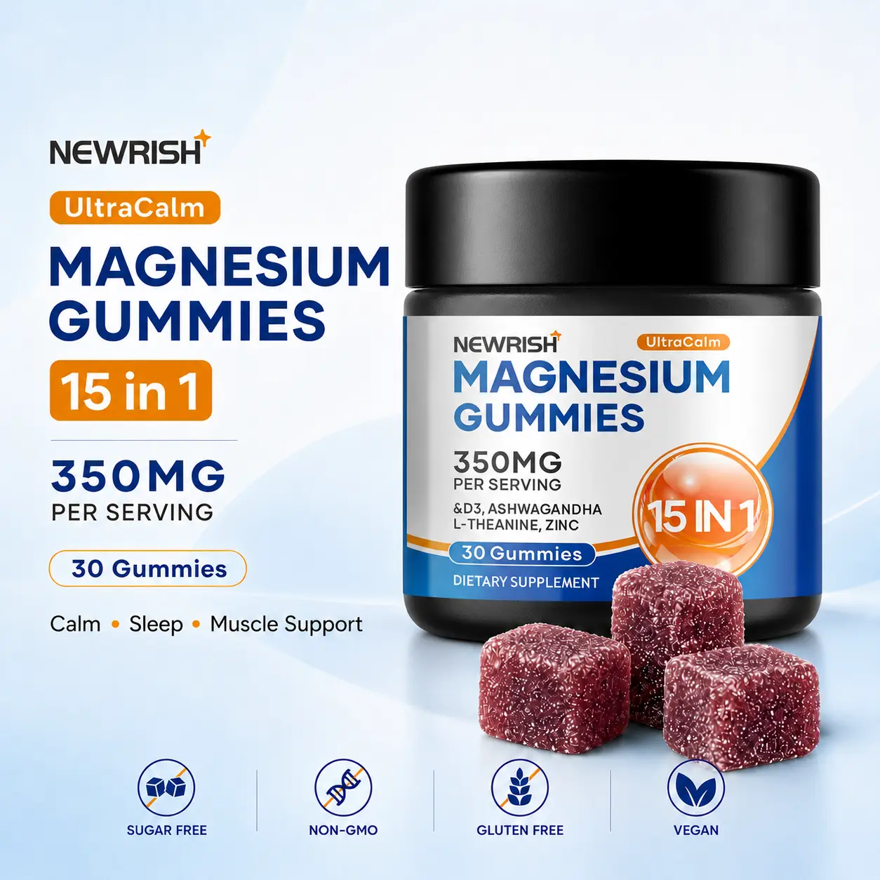 Newrish 15-in-1 Magnesium Gummies (350mg compound formulation) containing South African drunken eggplant, L-theanine, vitamin D3 and zinc; Sugar-Free Vegan Magnesium Chewable Gummies for Soothing Mood, Improving Sleep and Relaxation, 30-Pack