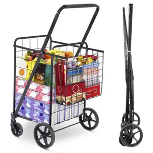 JupiterForce Foldable Home Shopping Utility Cart - Home Accessory with Double Baskets, Swivel Wheels, 100lbs Max Capacity