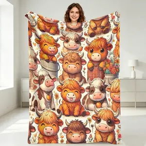 Aesthetic Highland Cow Flannel Blanket, Cute Western Cottagecore Room Decor, Ultra-Soft Cartoon Cattle Throw, Perfect Birthday Gift for Her Mom, Cozy Flannel Travel Nap Mat