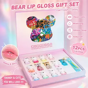 Limited holiday 12-piece bear lip glaze set, high-hydration lip milk with non-drying and non-stick formula. Bonus bear necklace and luxury gift box. Fashion Christmas gift set for family, friends and girlfriends. Glossy Cosmetic
