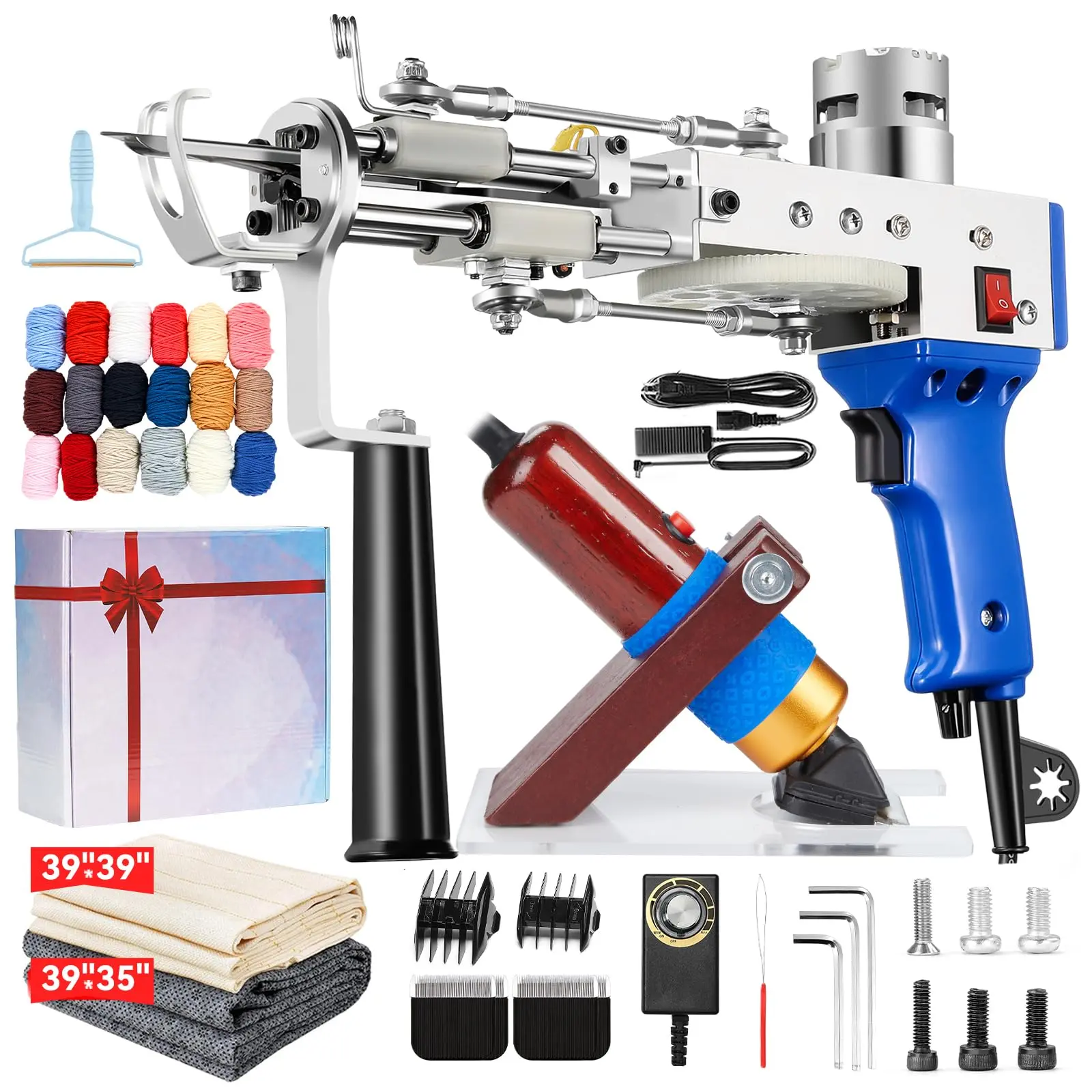 Rug Tufting Tool with Carpet Trimmer Kit, 2 in 1 Cut & Loop Pile Carpet Tool & Carpet Carving Clippers, Blue, Starter Kit for Beginners