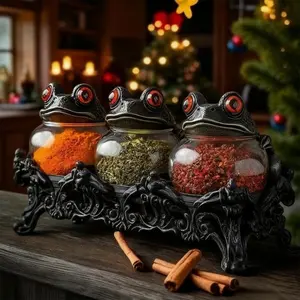 Witchy Frog Apothecary Spice Jars, Handcrafted Vintage Class Apothecary Jars Sets with Frog Lids, Gothic Food Storage Containers, Frogs Spice Jar Fun Salt and Pepper Shakers Seasoning