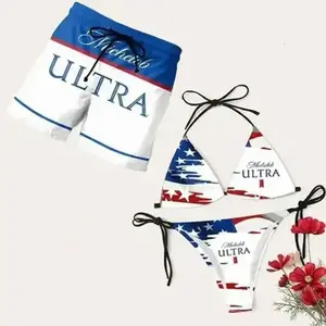 Matching Couple Swimwear, Matching Swimwear Set for Couples, Swim Bra & Tie Side Bikini + Men's Mesh Shorts, Women Bikini & Men Beach Shorts, Summer Vacation Outfit