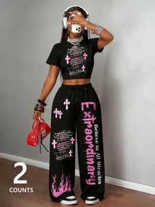 Women's Two-Piece Set Crop Top Long Pants Outdoor High-End Slim Fitted Casual Fashion School Sport Commute Solid Letter Graffiti Print Outfit