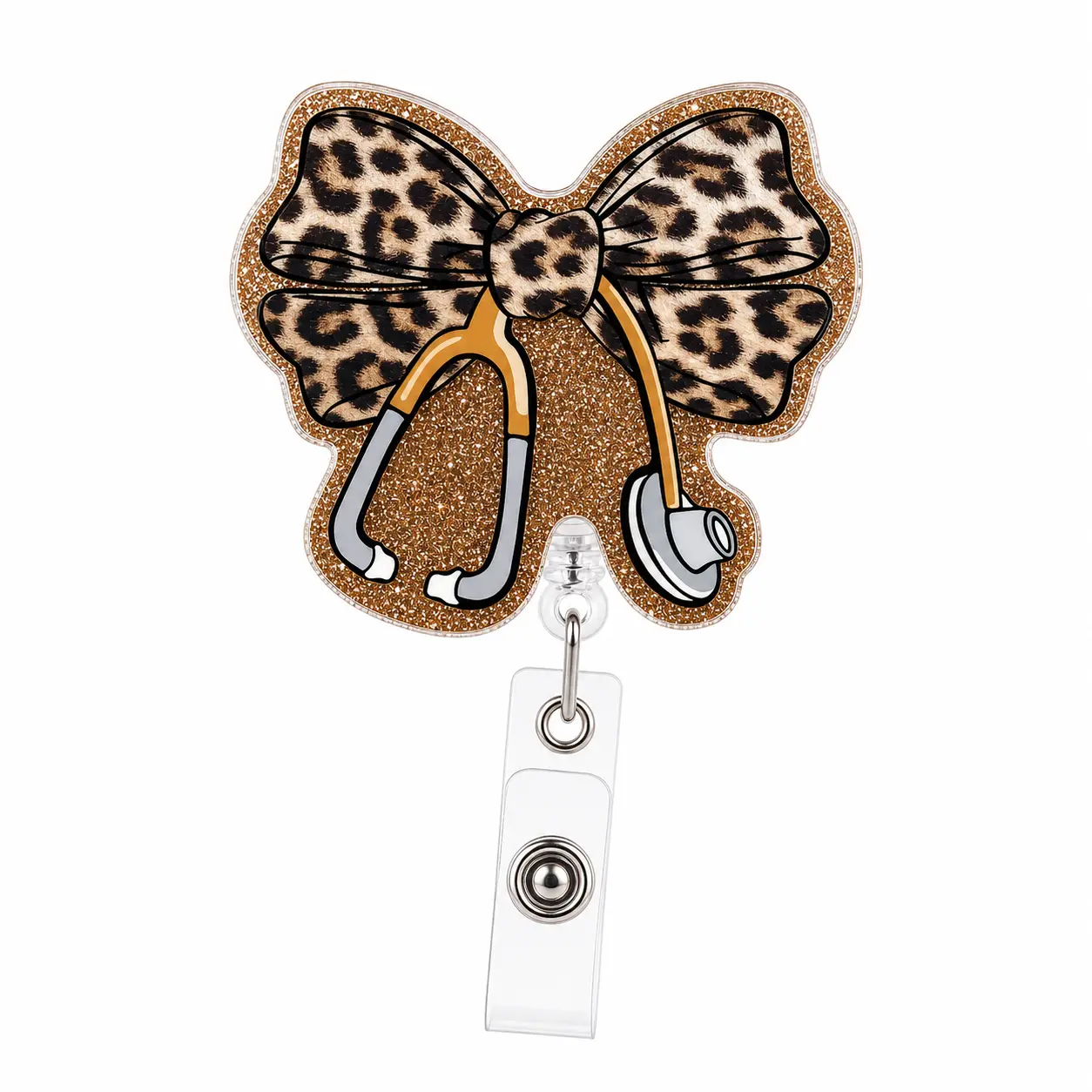 Funny Leopard Bow Stethoscope Nurse Badge Reel, Cute Retractable ID Medical Badge Holder, Name Tag Badge Clip for RN LPN CNA MA NP IM FM/GP Female Physicians Nursing Student Doctor Medical Workers
