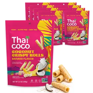 Thai Coco Banana Crispy Coconut Rolls 8 Bag (3.5 oz) - Organic Tropical Snack, Vegan, Gluten-Free, Dairy-Free, Non-GMO, Light Fluffy Healthy Snack