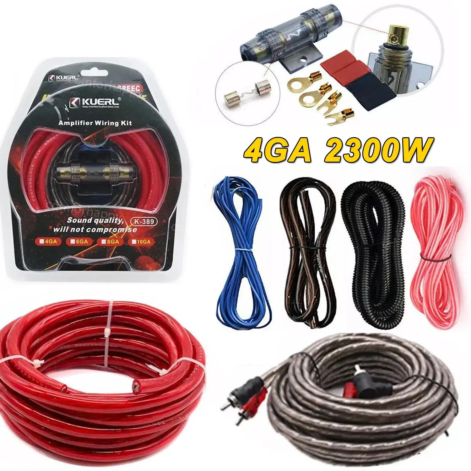 Premium 4 Gauge Car Audio Cable Kit 2300W, Full Amplifier Subwoofer Wiring Set with RCA, Power Wire, Ground Wire and Installation Accessories
