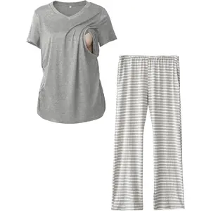 V Neck Nursing Pajamas Set Postpartum Pjs Maternity Breastfeeding sleepwear for Women with Pockets 2 Pack