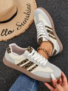 Women's Beige & Leopard - Print Color - Block Lace - Up Sneakers, Casual Walking Shoes, Daily Commute & Outdoor Event Footwear, Casual Athletic Footwear, Breathable Fashion Trainers, Versatile All - Match Leisure Shoes, Lightweight Trendy Running Shoes