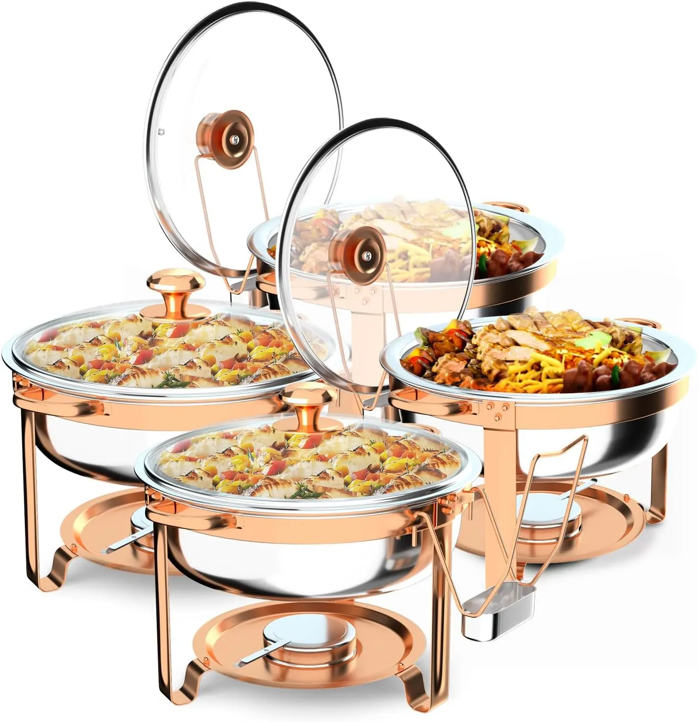 ROVSUN Chafing Dishes for Buffet 4 Pack, 6QT Round Chafing Dish Buffet Set with Glass Lid & Lid Holder, Stainless Steel Chafers and Buffet Warmers Sets for Party Wedding Catering Events