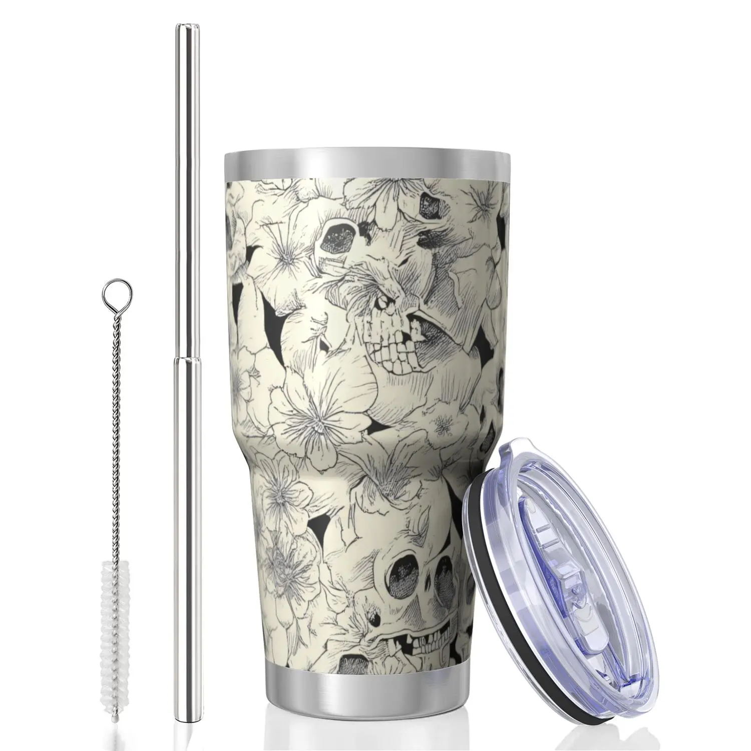 Skull 30 Oz Lce King Cup, Stainless Steel Top Bottom KeepsHot Cold Odor Free Slide Open Lid Flip Lid Suitable ForHome Office Outdoors Sports, Can Be Consumed DirectlyOr Used with a Straw, Skull Design I Stainless Steel Mug ,F_00011, Sunflower, Portable