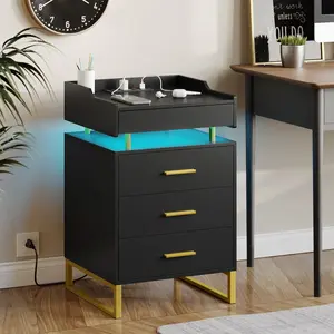 SIKAIC Modern Black Bedside Cabinet - Built-in LED Lights, 3 Storage Drawers, Indoor Modern Black Nightstand Furniture
