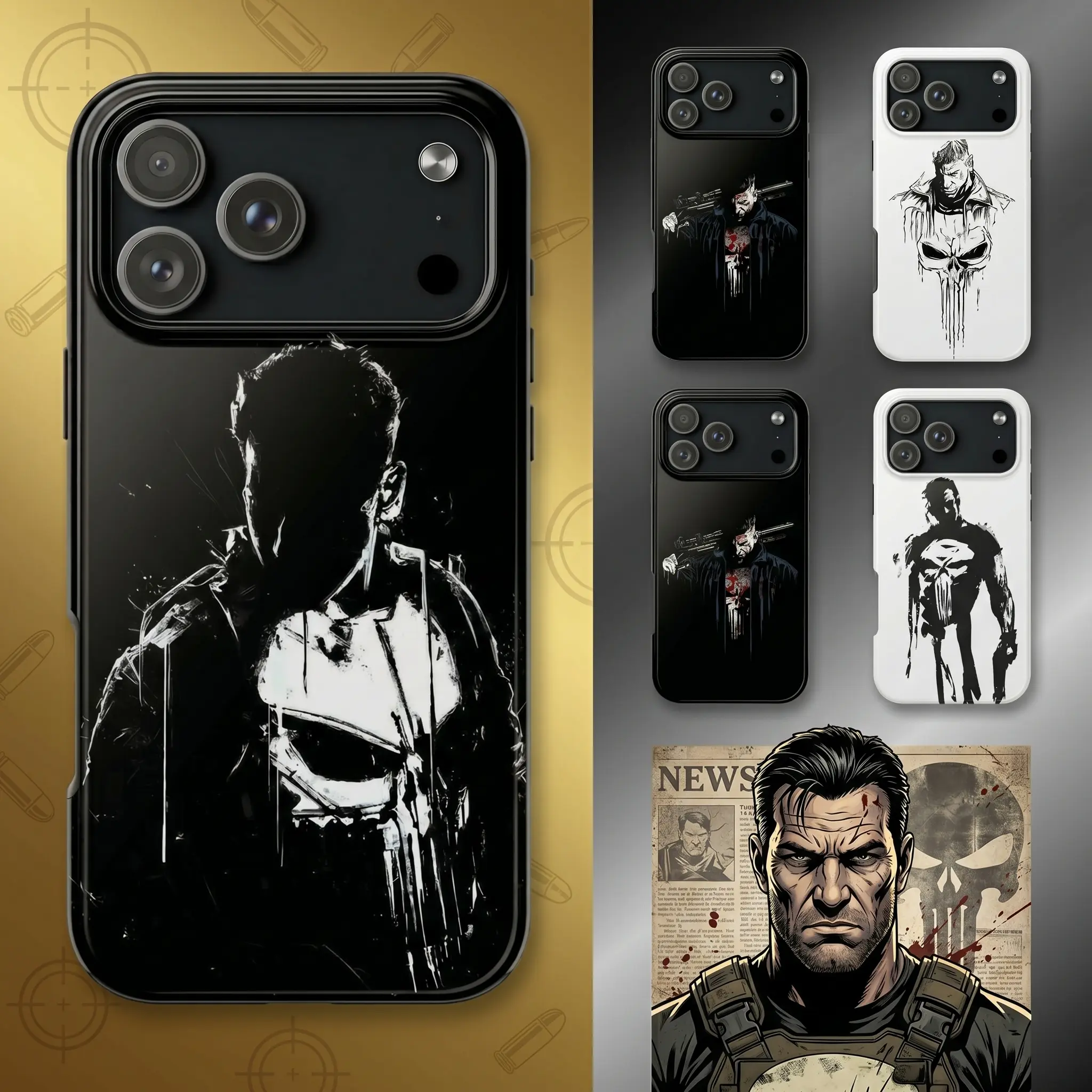 Punchnisher Tactical Shadow Glossy Tough Phone Case 11 to 17 series S23 to S25 - Dark Antihero Skull Graphic Design - Noir Vigilante Protect Phone Case Gift for Comic Fans Cases For 11 12 12Pro 12 Promax 13 14 15 16 17Pro