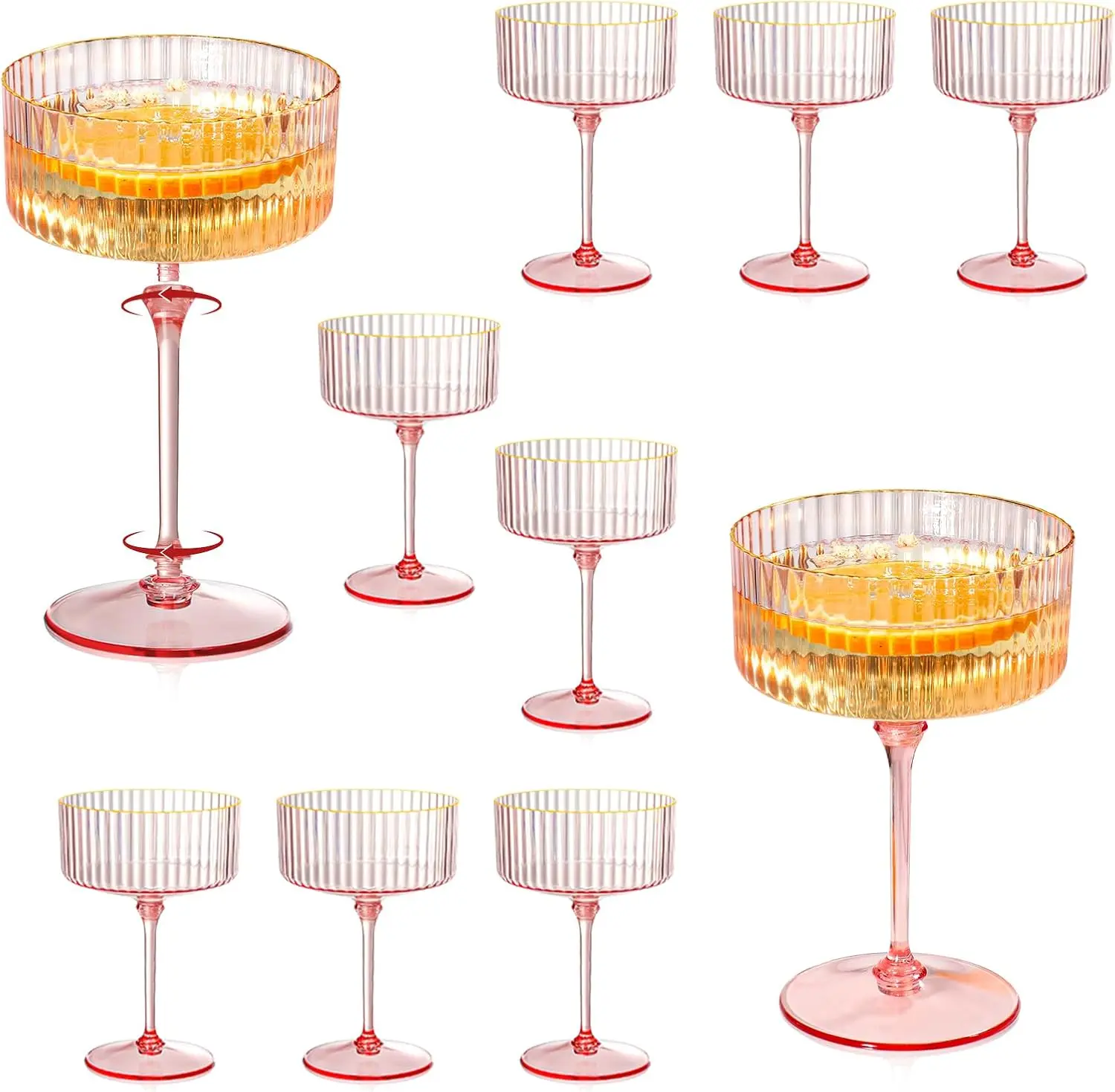 12 count Detachable Martini Glasses 10oz Plasitc Pink Ribbed Coupe Glasses  Rim With Pink Stem   Glassware Set  Martini Glass For Champagne  Wedding Anniversary Bar
