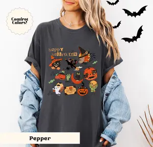 Retro Halloween Shirt Vintage Halloween T-Shirt Fall Apparel Spooky Season Tee Pumpkin TShirt Black Cat Shirt Witchy Vibes Ghost Tshirt Fall Tee