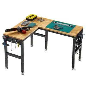 AMERLIFE Adjustable Workbench, 28.7-38.6" Height, Rubber Wood Top, Heavy-Duty Design with Power Outlets & Hooks, 5000 LB Capacity for Garage, Workshop, Home, or Office