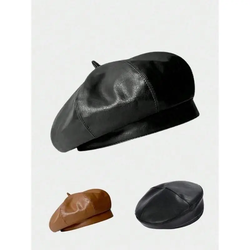 Women's PU Leather Beret - British Vintage Inspired, Unique Pocket, Fitted Casual Painter Cap for Daily Wear, All-Season Stylish Pumpkin Design (PU Leather Hats, Vintage Inspired Hats)