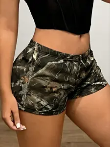 Women's Casual Slim Fit Shorts, Elastic Waist All-Over Camo Pattern, Fashionable Versatile Ladies' Bottoms, Comfortable Daily Wear