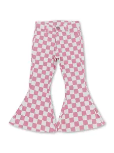 Pink and white plaid Print Denim Stretchy Bell bottoms Girls Jeans