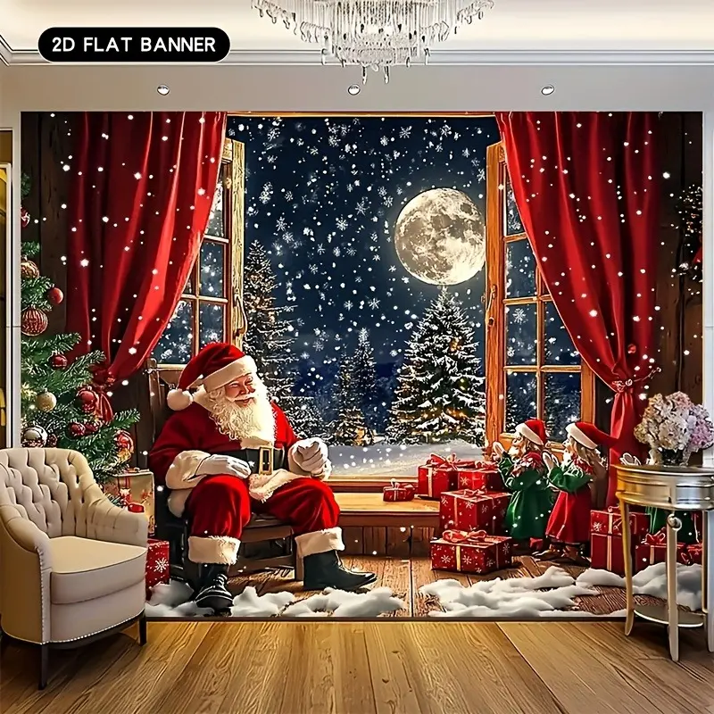 2D Flat Santa Claus By The Window Banner - Polyester Lightweight Christmas Backdrop, Table Decor, Party Supply, Indoor & Outdoor Decoration for Teens
