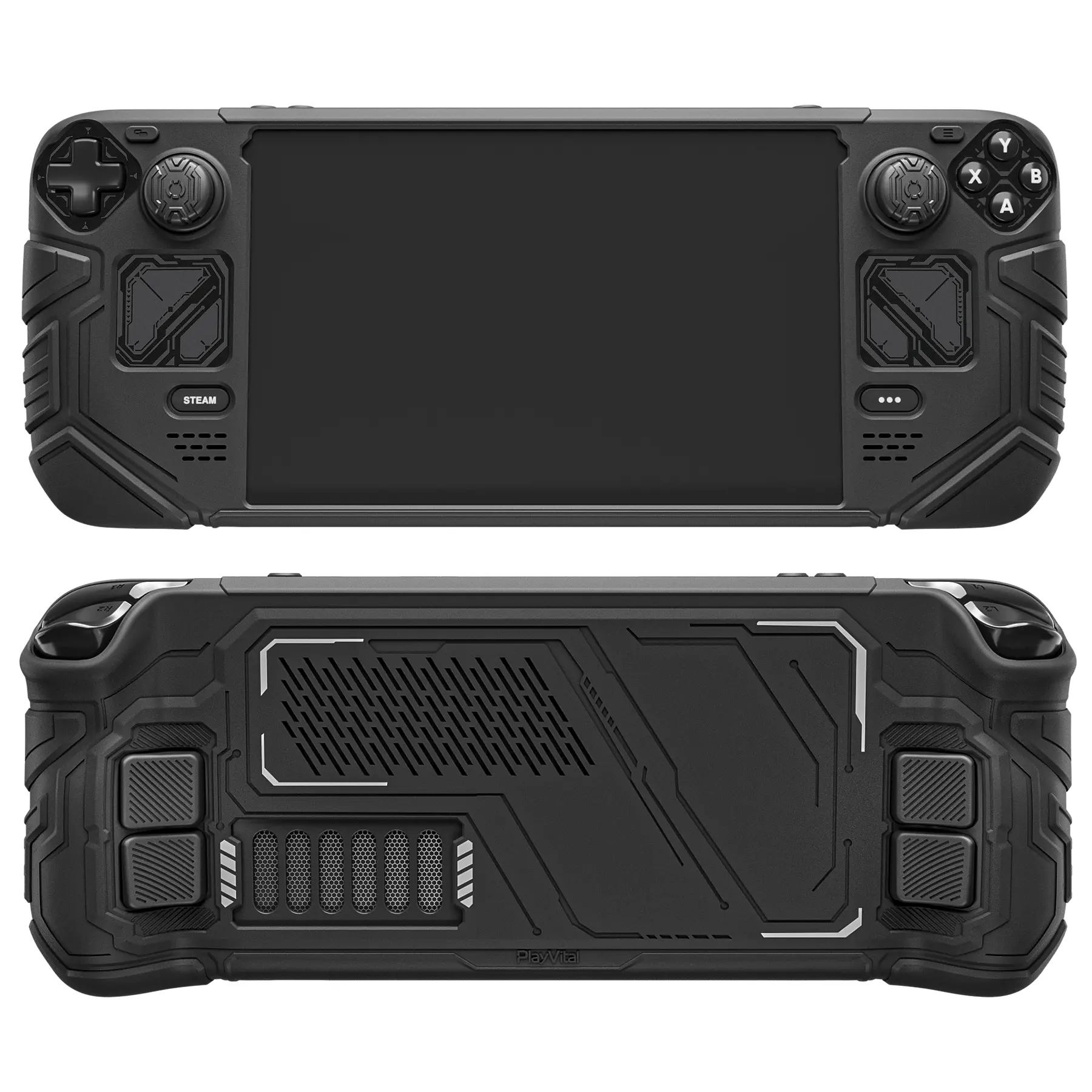 PlayVital Mecha Protective Case for Steam Deck – Anti-Slip Silicone Grip Cover for Steam Deck OLED & LCD | Shockproof Shell with Back Button Enhancement Set & Thumb Grips & Stickers – Black