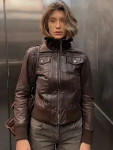 Women's High Neck Zipper Leather Jacket, Long Sleeve Loose Fit Coat, Fall & Winter Casual Street Style Motorcycle Windbreaker