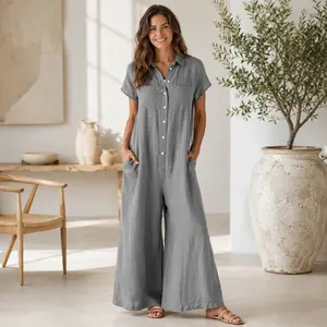 Women’s Wide Leg Jumpsuit with Pockets, Loose Fit Button Front One Piece Outfit, Collared Short Sleeve Linen Look Romper, Casual Summer Vacation Clothes for Women