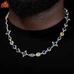 [FLAME] Hip Hop Colorful Gemstone Necklace, High-End Zircon Unisex Necklace and Bracelet Set, Luxury Gender-Neutral Streetwear Jewelry Collection, Vibrant Stone Layering Pieces, Urban Fashion Accessory Set, Premium Daily Wear Jewelry,hip hop necklace ad