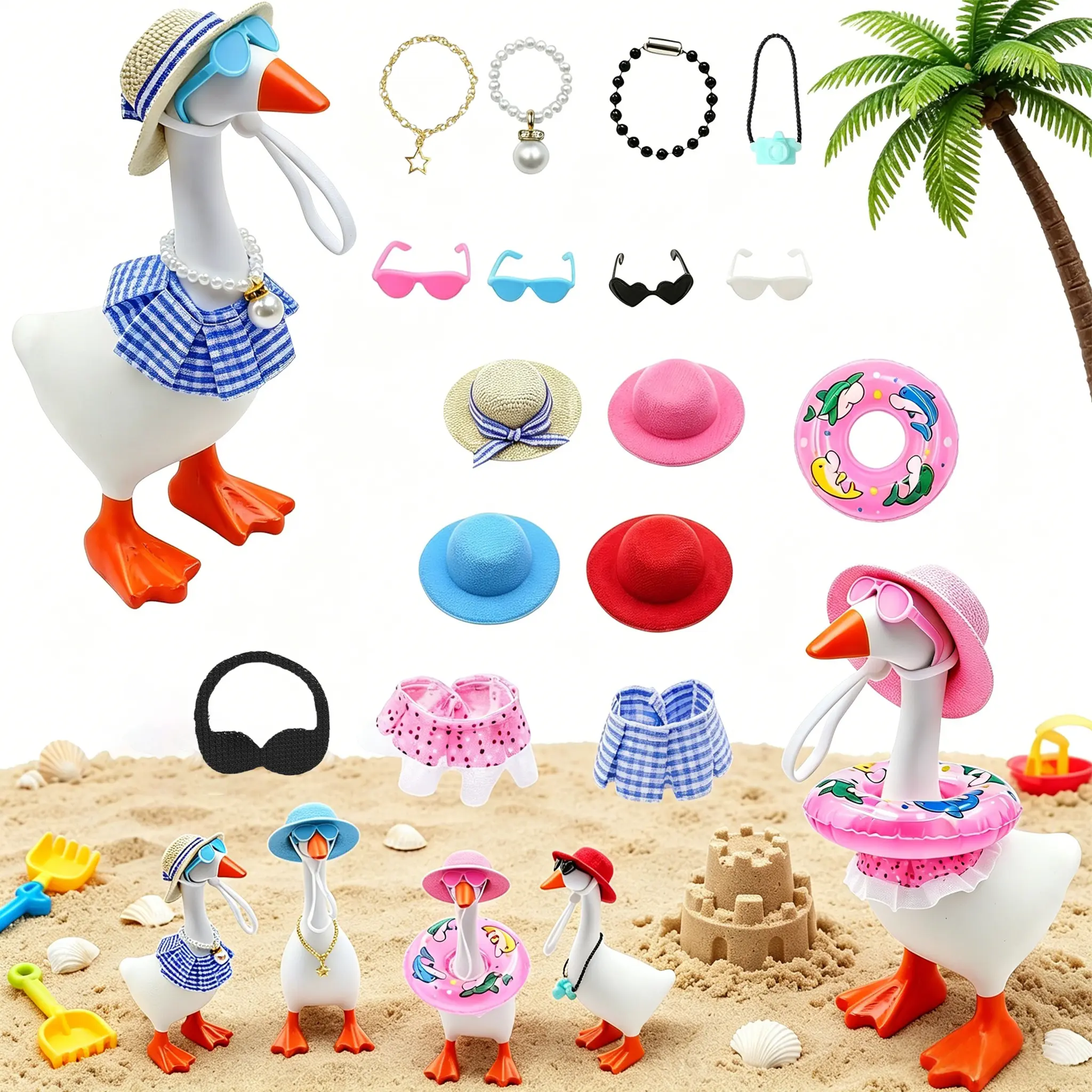 16Pcs 7in Magnetic Desk Goose Outfits Hats Bikini Swimming Ring Dresses Mini Goose Clothes for Porch Decor Keychain Office Gifts