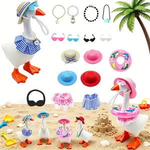 16Pcs 7in Magnetic Desk Goose Outfits Hats Bikini Swimming Ring Dresses Mini Goose Clothes for Porch Decor Keychain Office Gifts