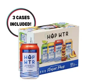 BFCM Special Bundle 3 Counts - 36 Cans HOP WTR Non-Alcoholic Flavor Pack - Peach, Blood Orange, Mango, Lime - Refreshing & Hydrating Beverage with Citra, Amarillo, Mosaic & Azacca Hops - No Calories, No Sugar