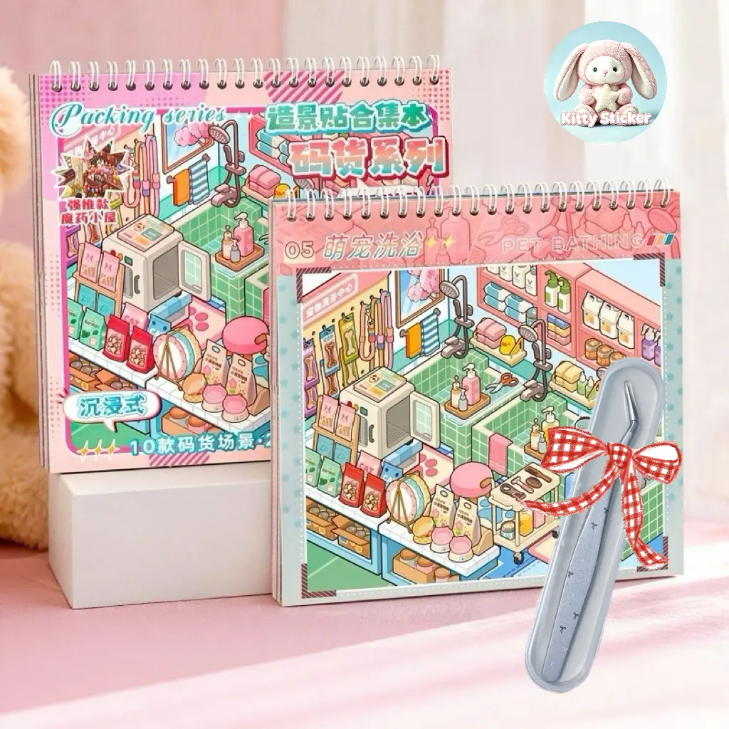 Cute 3D Miniature Scene Sticker Book (10 Themes) with Tweezer, DIY Craft Scrapbooking Set for Crafting, Upgraded Positioning Lines, Perfect for Beginners, Girls, Sticker Books