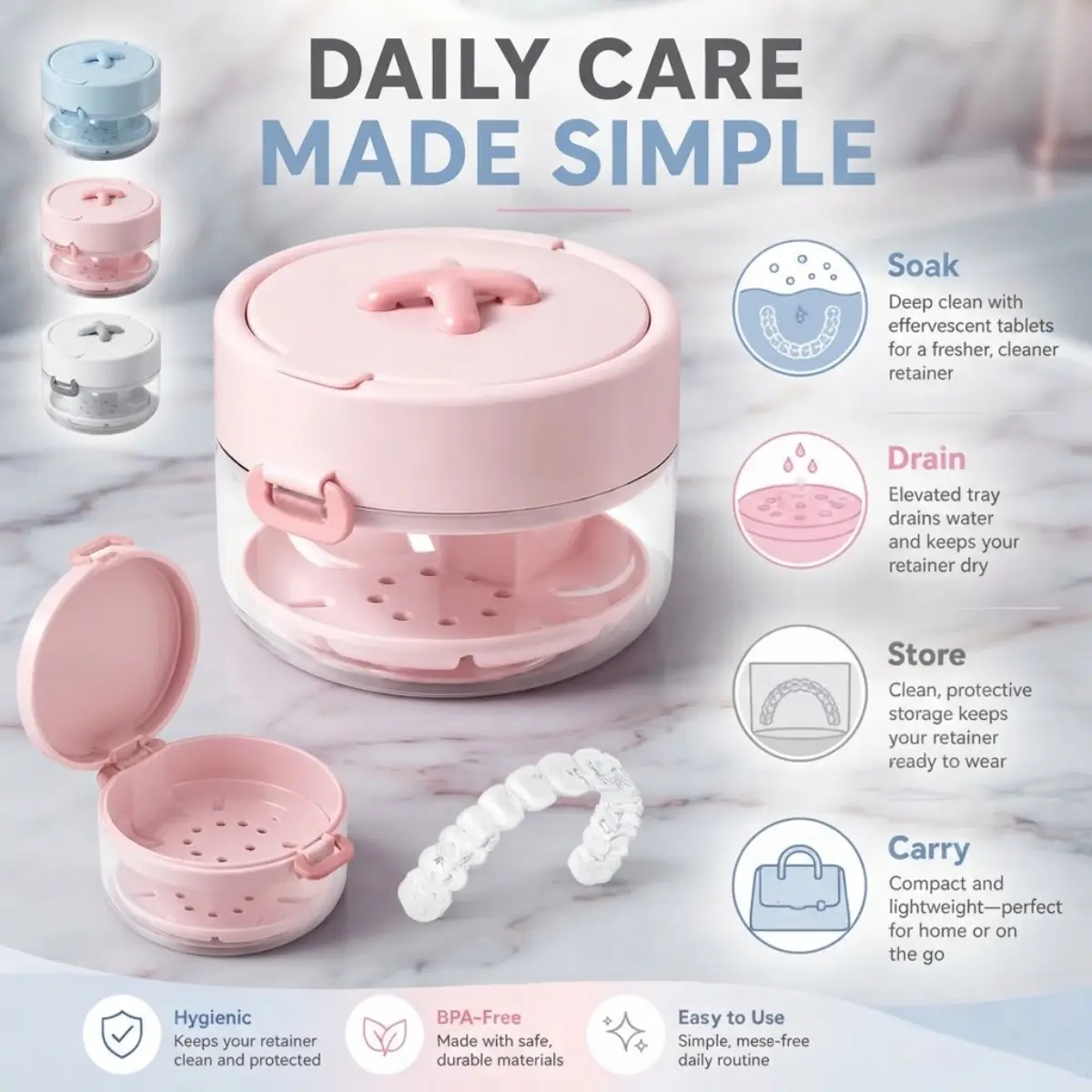 BPA-Free Compact Oral Dentures & Retainers Cleaner Container Set with Strainer Drain Tray, Mirror, Brush, Portable Travel Storage Holder for Invisalign Aligners, Mouthguard Hygienic Care