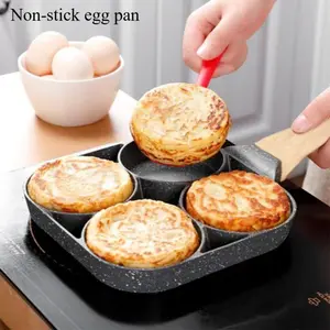 MIUVA Four-Hole Non-Stick Pan with Wooden Handle Easy to Clean Kitchenware for Induction Stove & Gas Stove Compatible Egg Frying Pan for Omelets Bacon Burgers Pancakes Cookware Nonstick Black Thanksgiving cooking utensils Valentine's Day gift Christmas