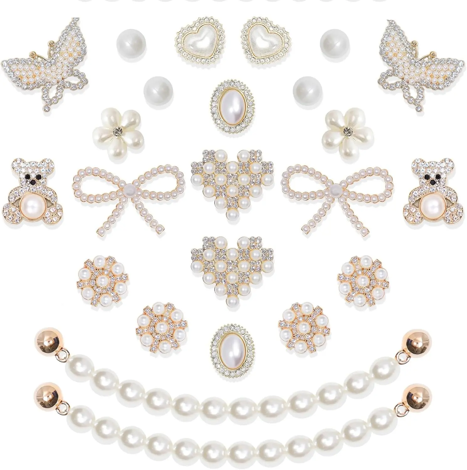 24 Pcs Pearl & Flower Shoe Charms Set | Luxury Rhinestone Chain Clogs Accessories | Bling Cute Decoration for Women Birthday Gift