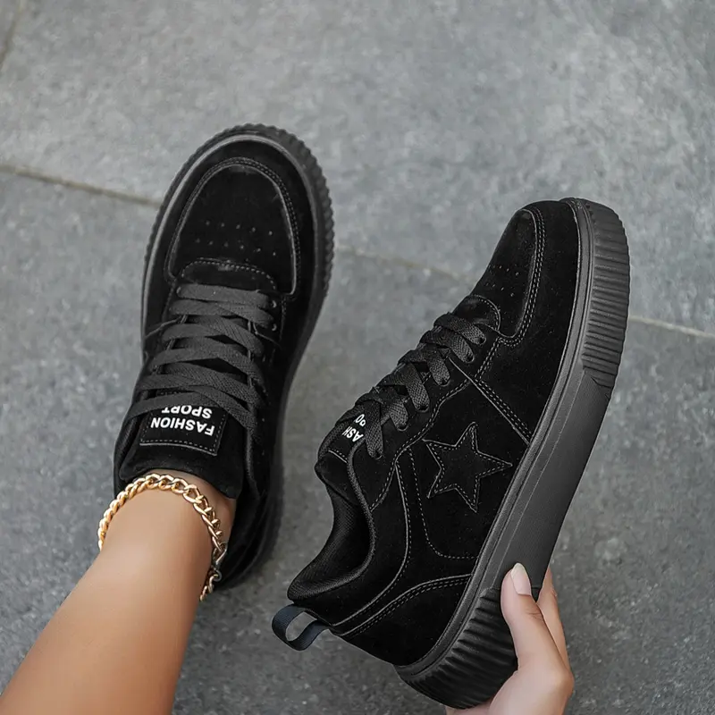 Women's Star Fashion Letter Pattern Patchwork Design Flat Platform, Low Top Lace-Up Height-Boosting Casual Shoes, Style Student Commute Sports Shoes, Trainer Shoe