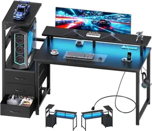 L Shaped Gaming Desk with Shelves Storage Drawers 59'', White Computer Desks with LED Lights Power Outlets, Office Wood Table with PC Stand Cable Management for Bedroom Dual Monitor Streaming